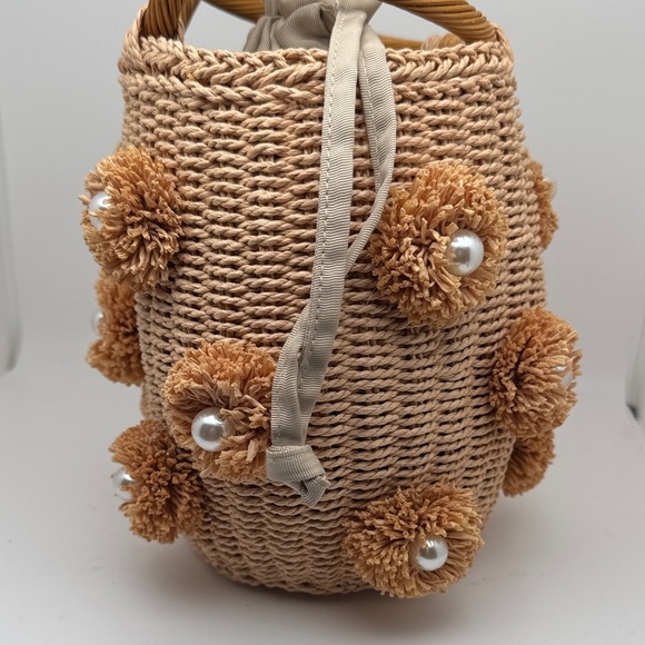 ZARA RARE Luxury Pearl Trim Basket Bohemian Blogger's Favorite Straw Bag - Picture 8 of 13